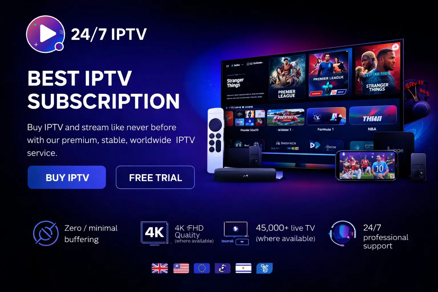 Advertisement for a premium IPTV subscription service featuring 4K streaming, live TV, and global access.